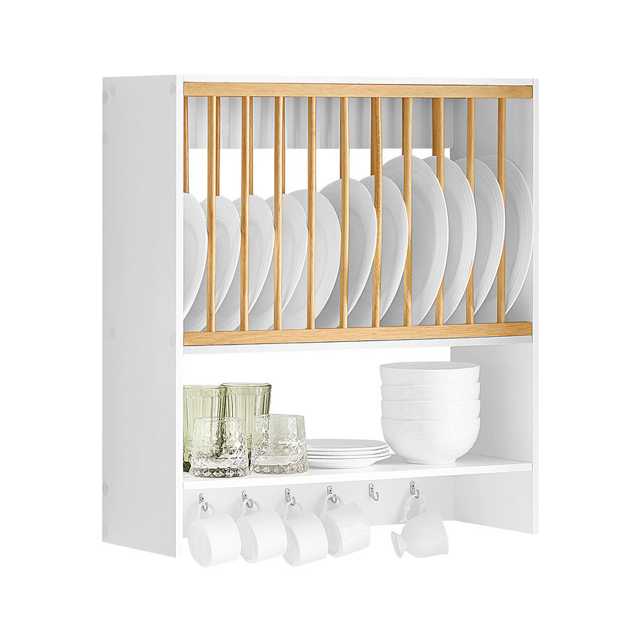 Escurreplatos blanco de pared soporte para platos escurridor de platos y vasos con 1 estante adicional y 7 ganchos 64 x 24 x 71 cm kcr09-w sobuy