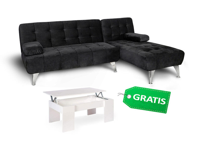 Sofá-cama chaise longue terciopelo negro con mesita de centro
