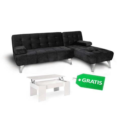 Sofá-cama chaise longue de veludo preto com mesa de centro