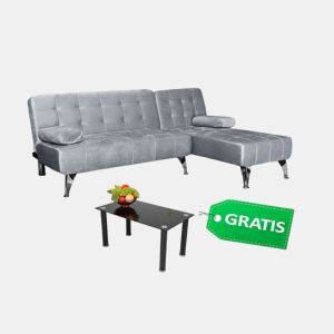 Sofá-cama com chaise longue e mesa de centro cinzenta