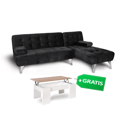 Sofá-cama com chaise longue em veludo e mesa de centro Sofá-cama com chaise longue em veludo e mesa de centro