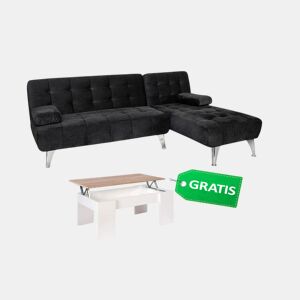 Sofá-cama com chaise longue em veludo e mesa de centro