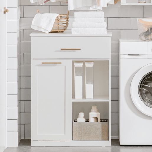 Armário de casa de banho com 1 cesto para roupa suja e 1 gaveta BZR66-W SoBuy