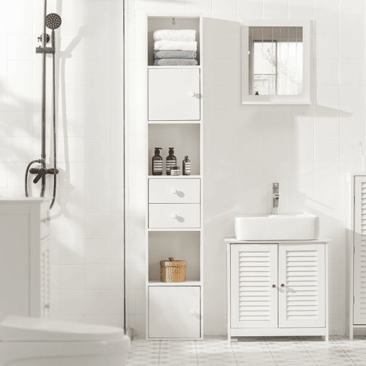 Móvel de casa de banho alto com 2 portas e 2 gavetas STR10-W SoBuy