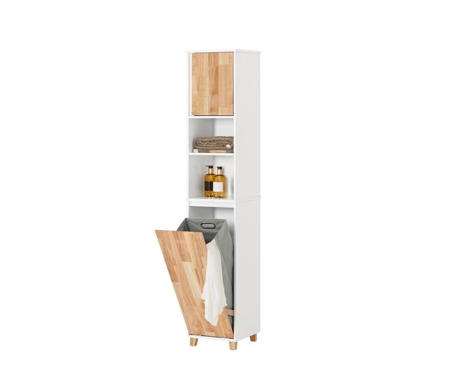 Mueble columna de baño armario para baño alto estanterías de baño con 1 cesto para ropa sucia, 1 puerta y 2 estantes 31 x 32 x 170 cm bzr74-w sobuy