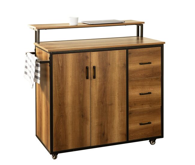 Carro de cocina de diseño con encimera isla de cocina armario de cocina con 2 puertas, 3 cajones, 1 toallero y 1 estante adicional 113 x 69 x 106 cm knl02-pf sobuy