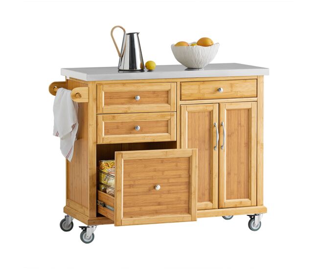 Carrito de cocina con piso de acero, estantería de cocina, carrito de servir de bambú,l115 x p46 x h92cm fkw70-n sobuy