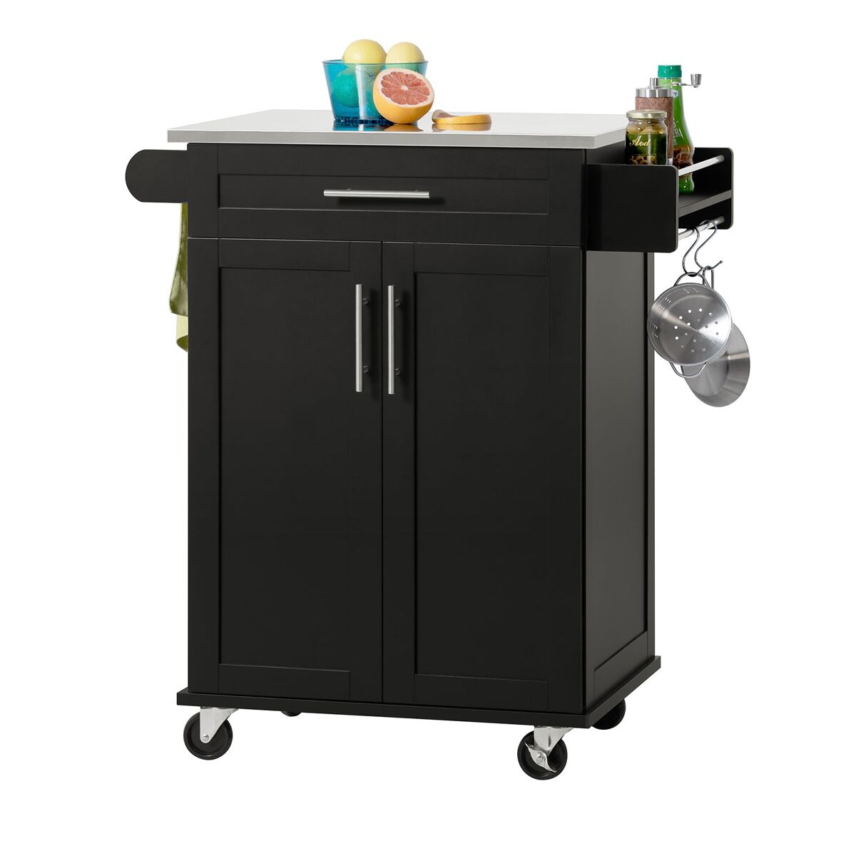 Carro de cocina carrito de servir multiusos estantería con puerta y cajón tablero de acero inoxidable 83 x 46 x 90 cm negro fkw110-sch sobuy