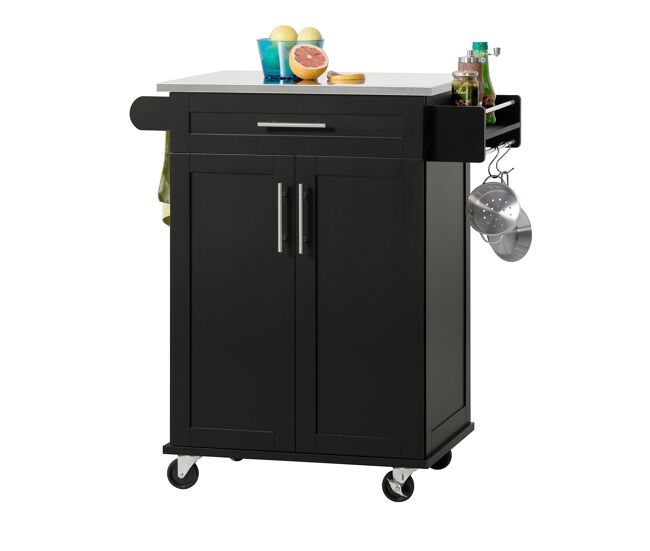 Carro de cocina carrito de servir multiusos estantería con puerta y cajón tablero de acero inoxidable 83 x 46 x 90 cm negro fkw110-sch sobuy