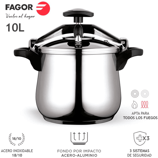 FAGOR Clásica Bombe 10 Panela de Pressão 10 Litros, Indução, Aço Inoxidável 1810, 3 Sistemas de Segurança, , Prata