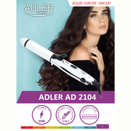 Adler AD2104 Alisador de Cabelo - Ferro a frisar 2 em 1 Revestimento Cerâmico, Aquecimento Rápido, 50, Branco