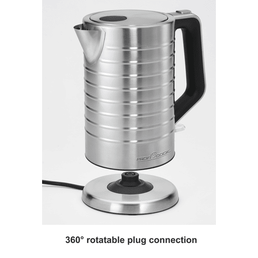 Proficook WKS1119 Jarro Eléctrica 1,7 L, Chaleira Eléctrica, Aço Inoxidável sem BPA, Sem Fios, Elemento de Aquecimento Oculto, 2200, Prata