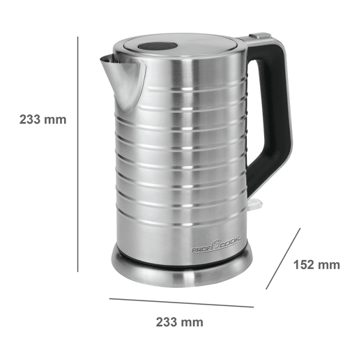 Proficook WKS1119 Jarro Eléctrica 1,7 L, Chaleira Eléctrica, Aço Inoxidável sem BPA, Sem Fios, Elemento de Aquecimento Oculto, 2200, Prata