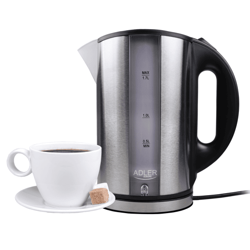 Adler AD 1216 Jarro Eléctrica 1,7 L, Chaleira Eléctrica, Aço Inoxidável sem BPA, Sem Fios, Elemento de Aquecimento Oculto, 2200, Prata