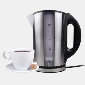 Adler AD 1216 Jarro Eléctrica 1,7 L, Chaleira Eléctrica, Aço Inoxidável sem BPA, Sem Fios, Elemento de Aquecimento Oculto, 2200, Prata
