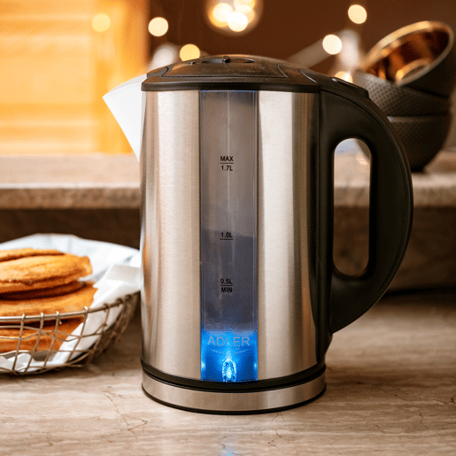 Adler AD 1216 Jarro Eléctrica 1,7 L, Chaleira Eléctrica, Aço Inoxidável sem BPA, Sem Fios, Elemento de Aquecimento Oculto, 2200, Prata