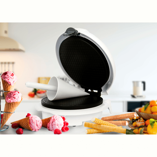 Adler AD3038 Máquina de Wafers Eléctrica Diâmetro 18 cm, Antiaderente, Termóstato Ajustável, Cones de Gelado, 1500, Branco