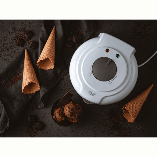 Adler AD3038 Máquina de Wafers Eléctrica Diâmetro 18 cm, Antiaderente, Termóstato Ajustável, Cones de Gelado, 1500, Branco