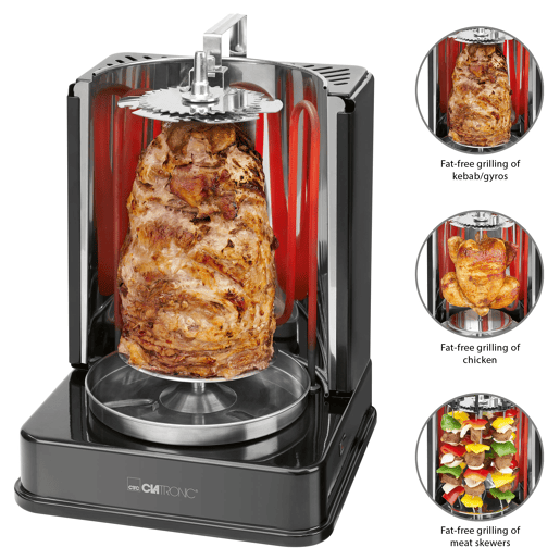 Clatronic DVG 3686 Forno Vertical Rotary Chicken Grill, Doner Kebab, Espetadas, 1400, Preto  cinza