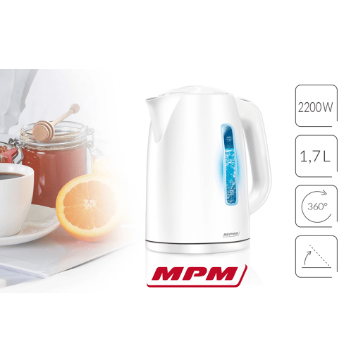 MPM MCZ-66 Jarro Elétrico, 1.7L, Chaleira Eléctrica, Sem fios, Elemento de Aquecimento Oculto, Desligar automático, Iluminado, Base 360, 2200, Branco