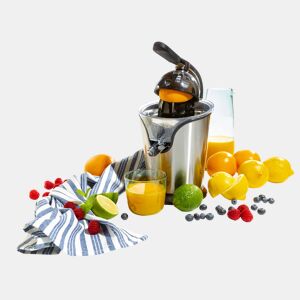 Camry CR4006 Espremedor de Citrinos Elétrico com Braço de Alavanca, Suco de Laranja cítrico, 2 Cones, Sistema Anti-Gotas, 500, Aço Inoxidável