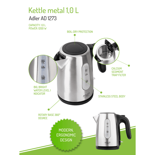 Adler AD1273 Jarro Eléctrico 1,0 L, Chaleira Eléctrica, Aço Inoxidável sem BPA, Sem Fios, 1200, Prata