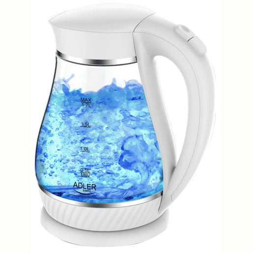 Adler AD 1274W Chaleira Eléctrica em Vidro 1,7 L, Interior Iluminado, sem Fios Desligamento Automático, 2200, Branco