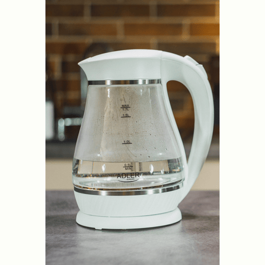 Adler AD 1274W Chaleira Eléctrica em Vidro 1,7 L, Interior Iluminado, sem Fios Desligamento Automático, 2200, Branco