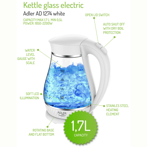 Adler AD 1274W Chaleira Eléctrica em Vidro 1,7 L, Interior Iluminado, sem Fios Desligamento Automático, 2200, Branco