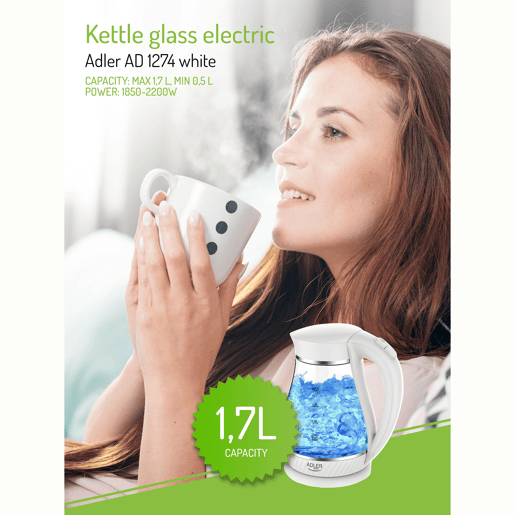Adler AD 1274W Chaleira Eléctrica em Vidro 1,7 L, Interior Iluminado, sem Fios Desligamento Automático, 2200, Branco