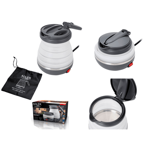 Adler AD1279 Jarro Eléctrica Dobrável, 0.5L, Silicone sem BPA, Elemento de Aquecimento oculto, Desligamento Automático, 750, Branco