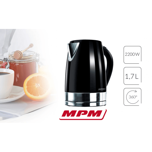 MPM MCZ-58C Jarro Elétrico 1,7 L, Chaleira Eléctrica, Aço Inoxidável sem BPA, Sem Fios, Elemento de Aquecimento Oculto, 2200, Preto