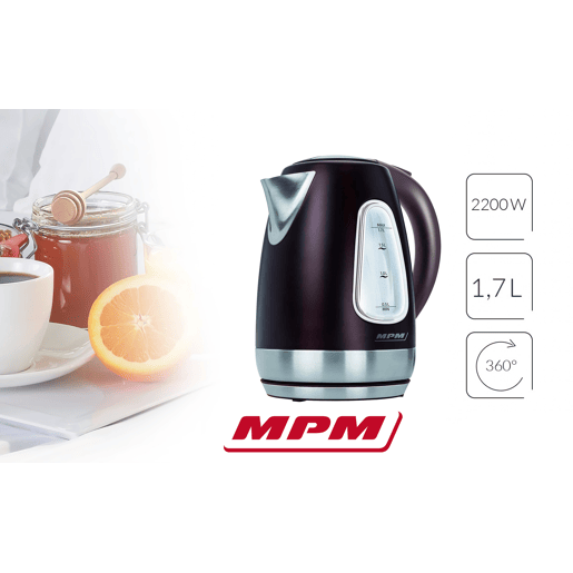 MPM MCZ-55 Jarro Elétrico 1,7 L, Chaleira Eléctrica, Aço Inoxidável sem BPA, Sem Fios, Elemento de Aquecimento Ocultado, 2200, Preto