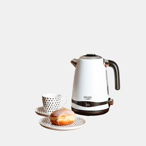 Adler AD1295 Chaleira Eléctrica 1.7 L, Jarro Elétrico, Vintage, BPA Free, Controlo de Temperatura, Aço inoxidável, Sem fios, Elemento de Aquecimento Oculto, 2200, Branco