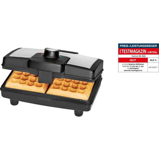 Clatronic WA 3606 Máquina de Waffles Eléctrica 2 Gaufres Belgas Grossos, Placas Antiaderentes, Termóstato Ajustável, 800, Prata