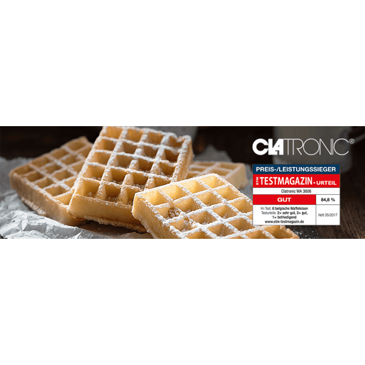 Clatronic WA 3606 Máquina de Waffles Eléctrica 2 Gaufres Belgas Grossos, Placas Antiaderentes, Termóstato Ajustável, 800, Prata