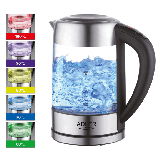 Adler AD 1247 Chaleira Eléctrica em Vidro 1,7 L, Jarro Elétrico, sem BPA, Interior Iluminado, sem Fios, Elemento de Aquecimento Oculto, 2200, Transparente