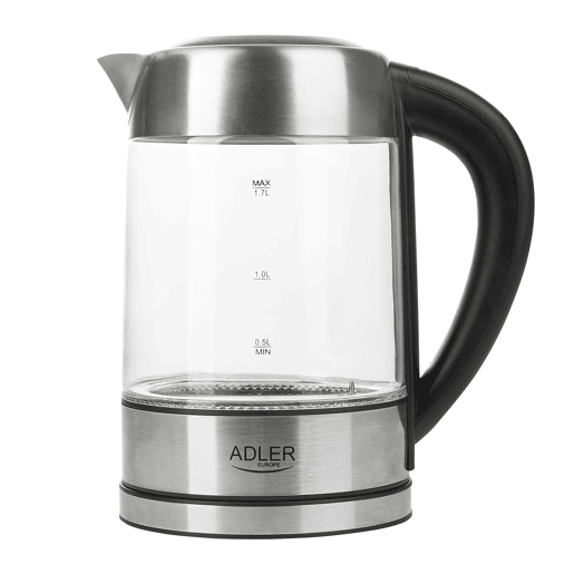 Adler AD 1247 Chaleira Eléctrica em Vidro 1,7 L, Jarro Elétrico, sem BPA, Interior Iluminado, sem Fios, Elemento de Aquecimento Oculto, 2200, Transparente