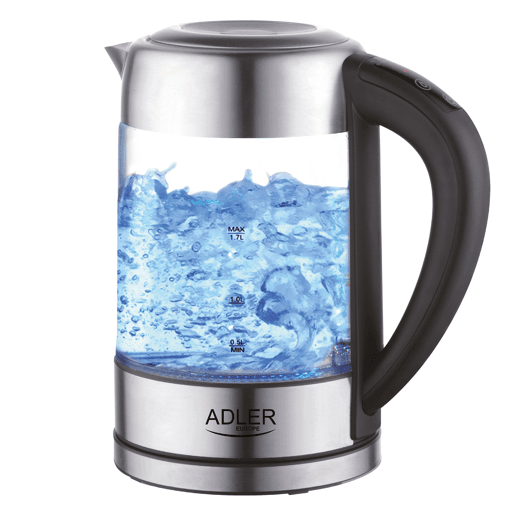 Adler AD 1247 Chaleira Eléctrica em Vidro 1,7 L, Jarro Elétrico, sem BPA, Interior Iluminado, sem Fios, Elemento de Aquecimento Oculto, 2200, Transparente