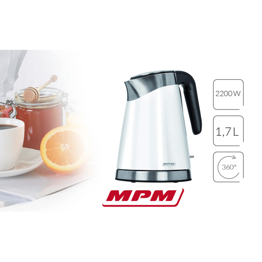 MPM MCZ-56 Jarro Elétrico 1,7 L, Chaleira Eléctrica, Aço Inoxidável sem BPA, Sem Fios, Elemento de Aquecimento Oculto, 2200, Branco