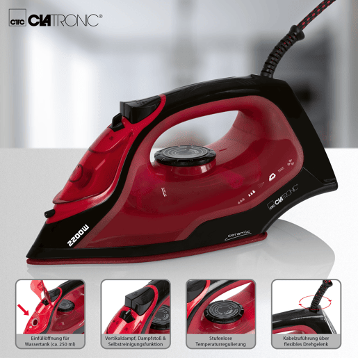 Clatronic DB 3752 Ferro Vapor, Sola Cerâmica, Vapor Vertical, 7 Funções, Anti-gotas, 2200, Vermelho