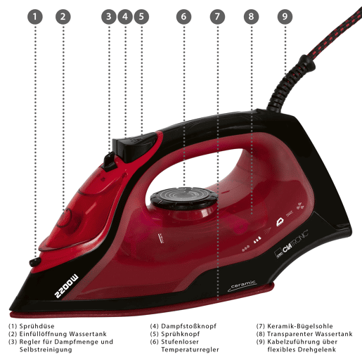 Clatronic DB 3752 Ferro Vapor, Sola Cerâmica, Vapor Vertical, 7 Funções, Anti-gotas, 2200, Vermelho