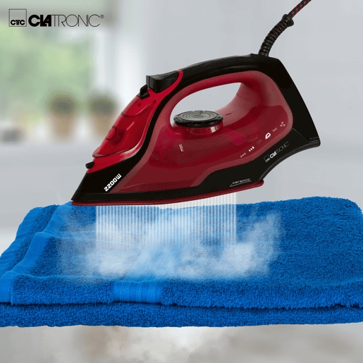 Clatronic DB 3752 Ferro Vapor, Sola Cerâmica, Vapor Vertical, 7 Funções, Anti-gotas, 2200, Vermelho