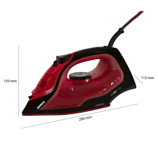 Clatronic DB 3752 Ferro Vapor, Sola Cerâmica, Vapor Vertical, 7 Funções, Anti-gotas, 2200, Vermelho