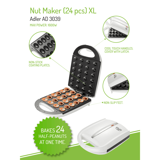 Adler AD3039 Máquina para Cozer Bolachas Recheadas em Forma de Nozes, Placas Antiaderentes, 1600, Branco Adler AD3039 Máquina para Cozer Bolachas Recheadas em Forma de Nozes, Placas Antiaderentes, 1600, Branco