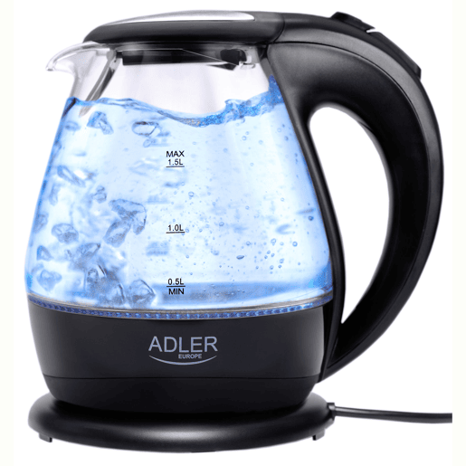Adler AD 1224 Chaleira Eléctrica em Vidro 1,5 L, Interior Iluminado, sem Fios Desligamento Automático, 2200, Preto
