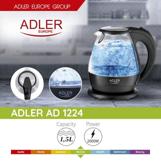 Adler AD 1224 Chaleira Eléctrica em Vidro 1,5 L, Interior Iluminado, sem Fios Desligamento Automático, 2200, Preto