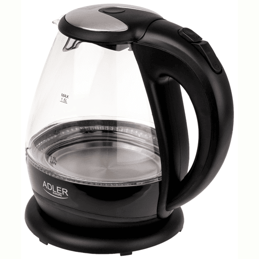 Adler AD 1224 Chaleira Eléctrica em Vidro 1,5 L, Interior Iluminado, sem Fios Desligamento Automático, 2200, Preto