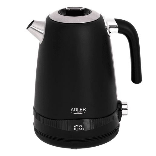 Adler AD1295B Chaleira Eléctrica 1.7 L, Jarro Elétrico, Vintage, BPA Free, Controlo de Temperatura, Aço inoxidável, Sem fios, Elemento de Aquecimento Oculto, 2200, Preto