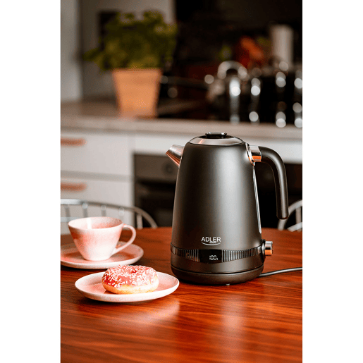 Adler AD1295B Chaleira Eléctrica 1.7 L, Jarro Elétrico, Vintage, BPA Free, Controlo de Temperatura, Aço inoxidável, Sem fios, Elemento de Aquecimento Oculto, 2200, Preto
